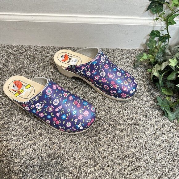 Bighorn Womens Wooden Clogs Purple Floral Leather size 36 US 6 Slip On Holland - Picture 4 of 8